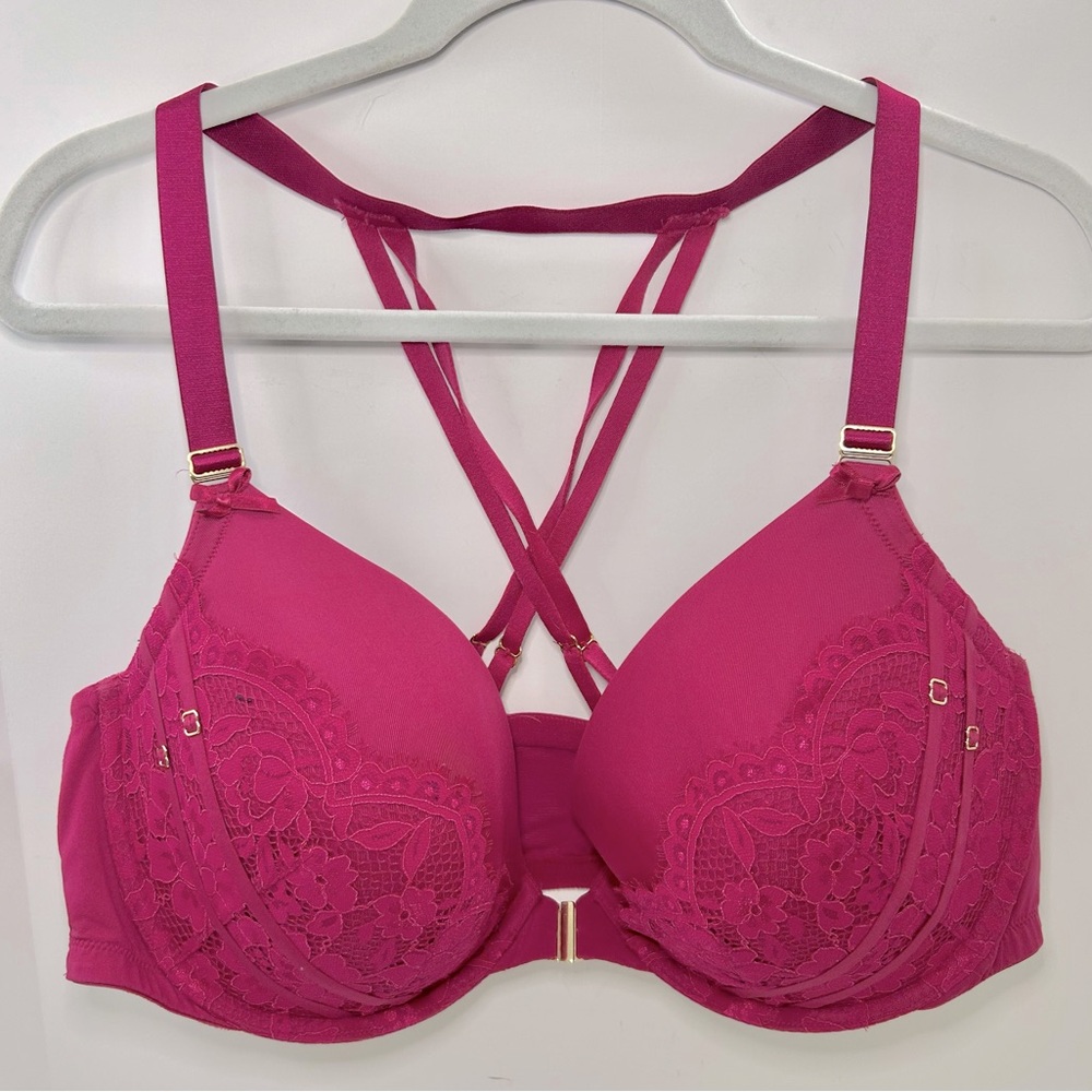 Cacique Boost Plunge Fuchsia Pink Strappy Lace Bra 44DD